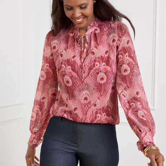 Talbots Ruffle Popover Blouse Peacock Feathers - Picture 2 of 2